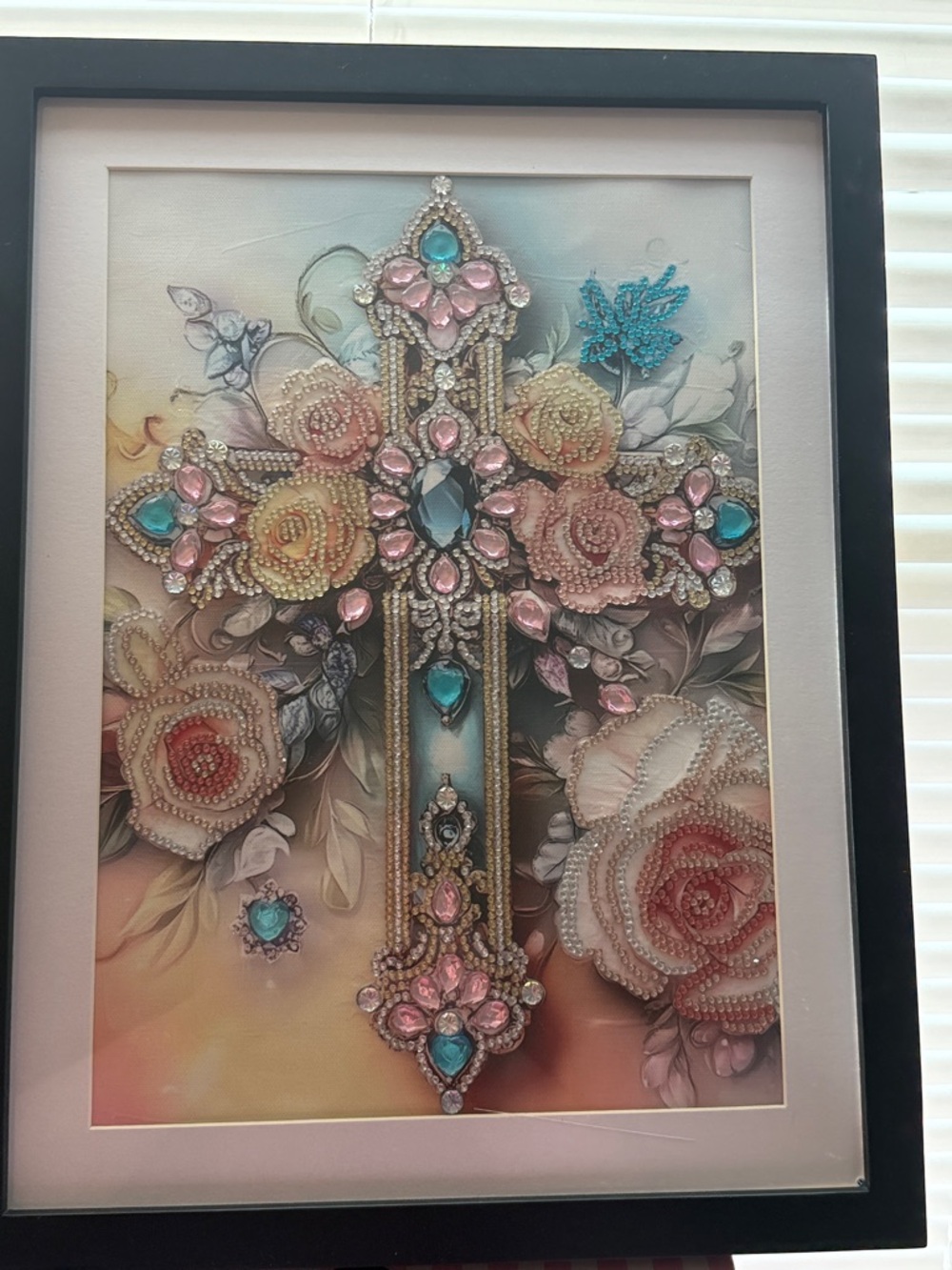 Framed Diamond Painting Cross Floral Rhinestone Religious Wall Art Decor